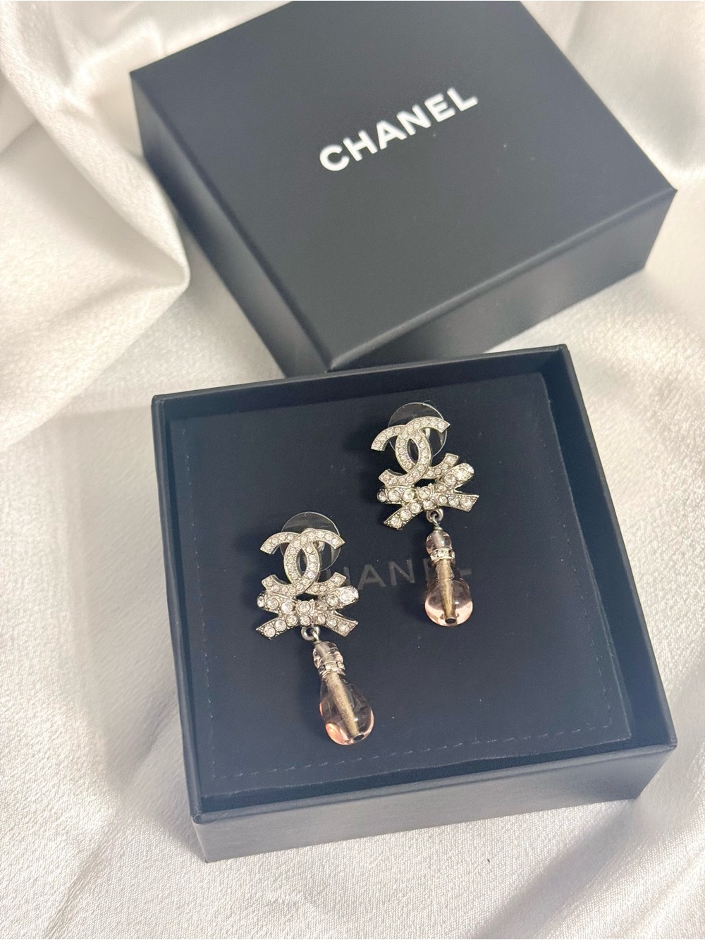 Chanel Crystal CC Drop Earrings in Silver and Rose Gold